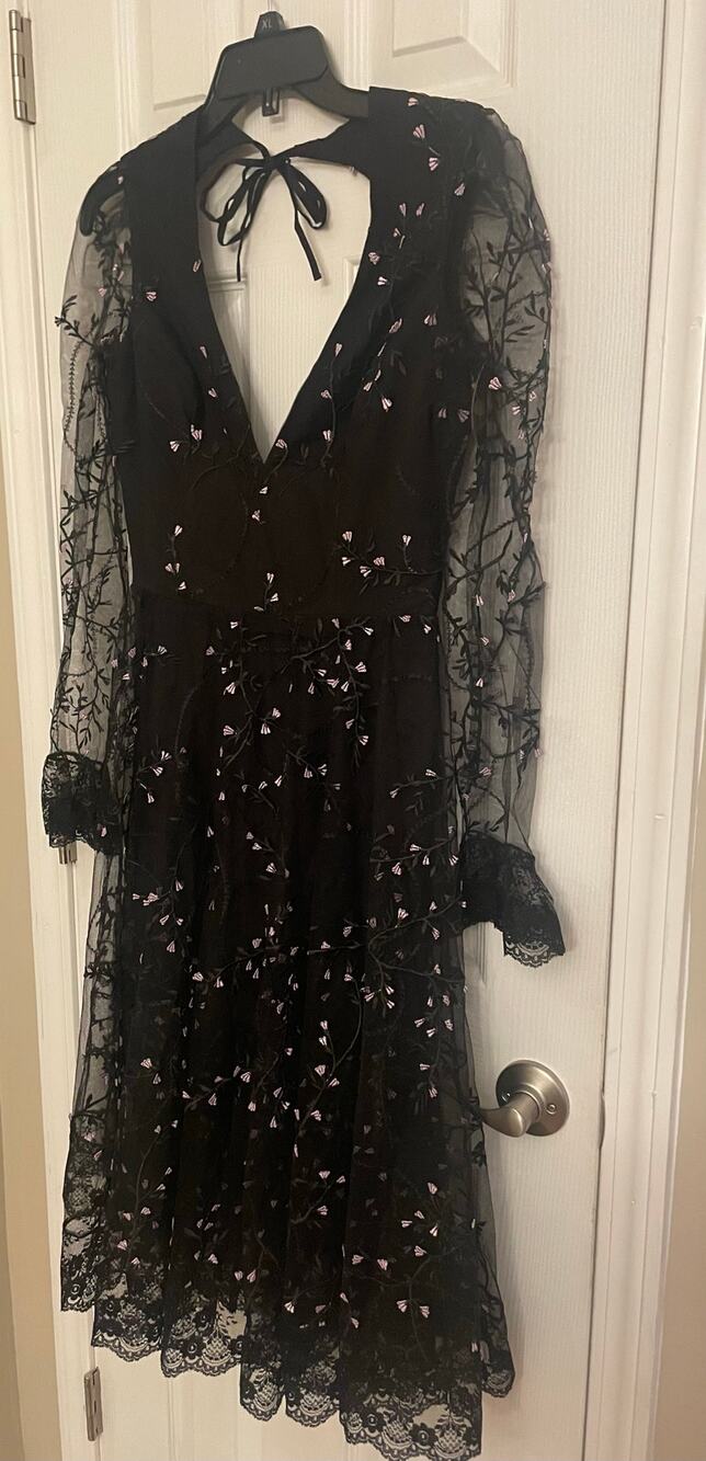 Kelsi Dagger HELSI Ella Dress Long Sleeves Open Back Sheer Plunging Midi, A70